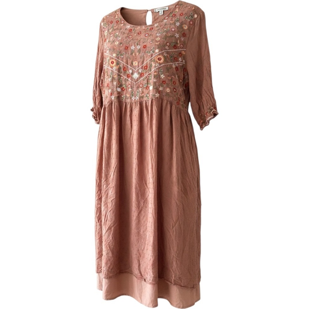 Boho Babydoll Embroidered Swiss Dot Dress Midi Medium Pink Coral 3/4 Sleeve Airy